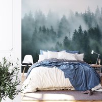 Nebelig Dunkelgrüne Wald Tapete, Schälen Und Kleben Nebel Natur Selbstklebende Kiefernbaum Baumtapete, Schlafzimmer Wandbild von MuraliumWallpapers