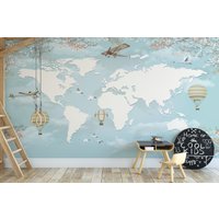 Pastell Hellblaue Kinderzimmer Weltkarte Tapete, Peel & Stick Selbstklebende Wand Wandbild von MuraliumWallpapers