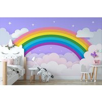 Regenbogen in Wolken Illustration Mit Lila Hintergrund Tapete, Peel & Stick Tapete Für Kinderzimmer, Selbstklebendes Wandbild von MuraliumWallpapers