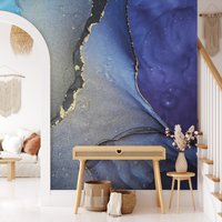 Schattierungen Von Blauer Alkohol Tinte Kunst Tapete, Blau Und Gold Durchscheinende Peel & Stick Abnehmbares Wandbild, Selbstklebendes Wandbild von MuraliumWallpapers