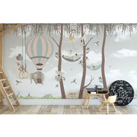 Süße Kinderzimmer Tapete Mit Tieren Und Bäumen, Peel & Stick Safari Tiere Tapete, Selbstklebend Abnehmbares Wandbild von MuraliumWallpapers