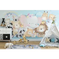 Süße Pastell Tiere Illustration Kinderzimmer Tapete, Peel & Stick Selbstklebende Wandbild von MuraliumWallpapers