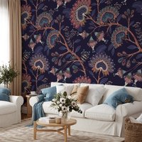 Traditionelles Florales Muster Design Mit Marine Hintergrund Tapete, Florale Dunkle Tapete Peel & Stick, Selbstklebende von MuraliumWallpapers