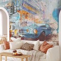 Urban Style Auto Mit Line Art Tapete, Peel & Stick Selbstklebende Blau Orange Thema Wandbild von MuraliumWallpapers