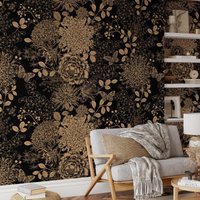 Vintage Antik Stil Tapete, Pfingstrosen Und Chrysantheme Braun Florale Peel & Stick Dark Floral Wand Wandbild von MuraliumWallpapers