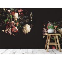 Vintage Blumenstrauß Mit Dunklem Hintergrund Wallpaper, Blumen Peel & Stick Selbstklebende Temporäre Tapete, Dunkles Wandbild von MuraliumWallpapers