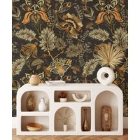 Vintage Stil Blumen Illustration Mit Blätter Wallpaper, Retro Orange Schälen Und Aufkleben 60Er 70Er Wallpaper von MuraliumWallpapers