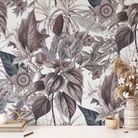 Vintage Stil Blumen Und Blätter Auf Weißem Hintergrund Tapete, Florale Wand Wandbilder, Peel & Stick Tapete von MuraliumWallpapers