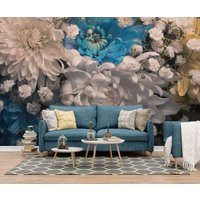 Weiße Und Blaue Chrysantheme Blume Tapete, Florale Peel & Stick Wand Wandbild, Selbstklebend Abnehmbare Tapete von MuraliumWallpapers