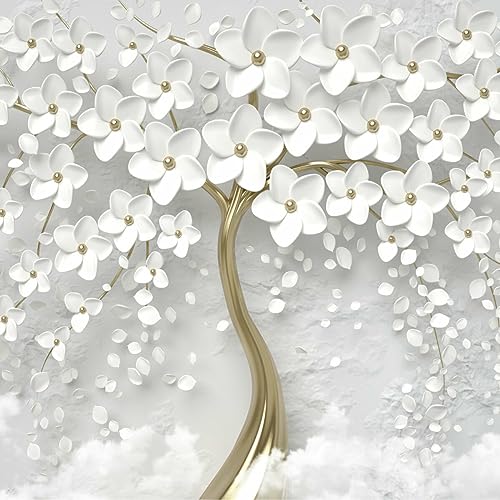 Muralo - 3D Tapete Vliestapete - Fototapete 3d Effekt - Tapete für Wohnzimmer Schlafzimmer Wandtapete - abstrakte Fototapete - Baum mit weißen Blumen Motiv - Br. 368cm x Hö. 254cm von Muralo