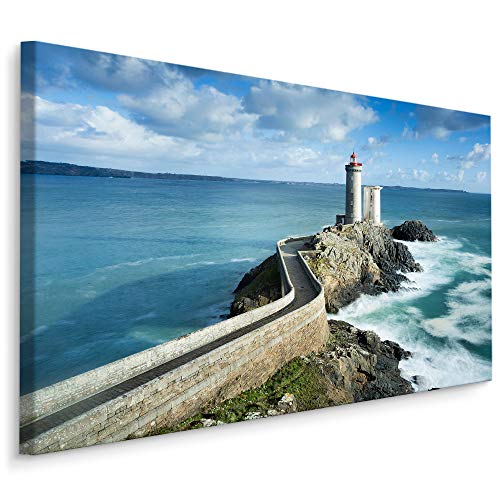 Muralo Bilder Meer 120 x 80cm Bild auf Leinwand Wandbild Frankreich Leuchtturm Zimmer Deko Leinwandbilder Schlafzimmer Wohnzimmer Wanddekoration Design Wand Bild Natur Landschaft Blick Strand von Muralo