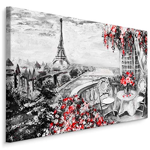 Muralo Bilder Stadt 120 x 80cm Bild auf Leinwand Wandbild Kunstdruck Paris Cafe Eiffelturm Leinwandbilder Schlafzimmer Wohnzimmer Wanddekoration Design Wand Bild Panorama Architektur von Muralo