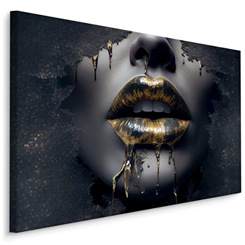 Muralo - Leinwandbild Gesicht Goldene Lippen Frau Aufhängefertig - Wandbild Kunstdruck für Wohnzimmer Schlafzimmer Büro Wanddeko Modern Vintage Glamour Loft Stil 120 cm x 80 cm von Muralo