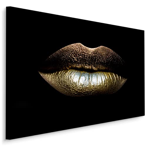 Muralo - Leinwandbild Goldene Lippen Aufhängefertig - Wandbild Kunstdruck für Wohnzimmer Schlafzimmer Büro Wanddeko Modern Vintage Glamour Loft Stil 120 cm x 80 cm von Muralo