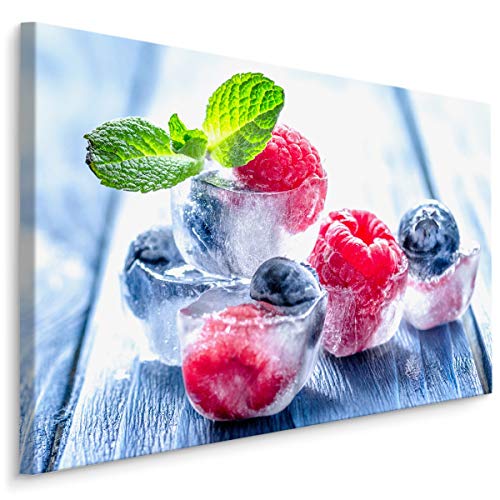 Muralo Leinwandbilder 100x70 Essen Obst Himbeeren Leinwand Wandbild Kunstdruck Beeren Heidelbeeren EIS Blätter Schlafzimmer Wohnzimmer Wanddekoration Design XXL 725 Br. 100 cm x Hö. 70 cm von Muralo