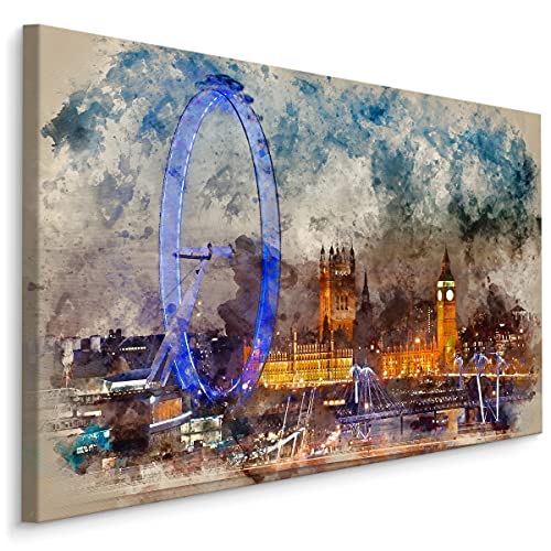 Muralo Leinwandbilder 70x50 London Eye 3D Effekt Stadt UK Canvas Wandbild Kunstdruck Schlafzimmer Wohnzimmer Wanddekoration Design XXL Br. 70 cm x Hö. 50 cm Br. 70 cm x Hö. 50 cm von Muralo