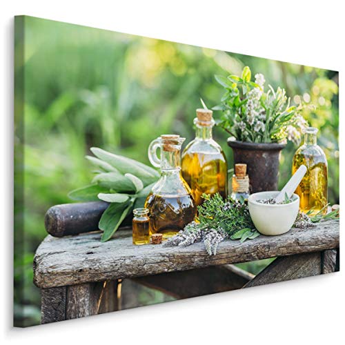 Muralo Leinwandbilder 70x50 Natur Garten Tisch Leinwand Wandbild Kunstdruck Holz Flaschen Schüssel Öl Schlafzimmer Wohnzimmer Wanddekoration Design XXL 821 Br. 70 cm x Hö. 50 cm von Muralo