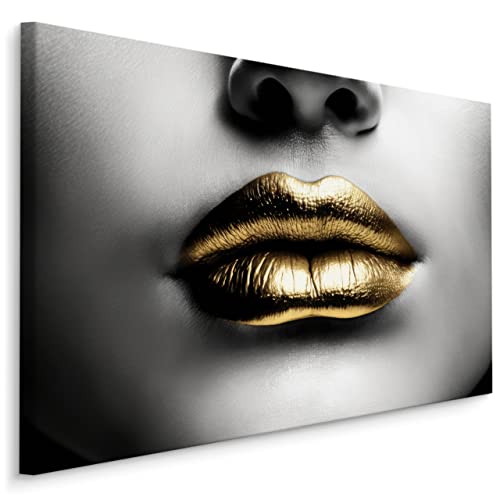 Muralo Leinwandbilder Canvas Goldene Lippen Mund Frau Gesicht ABSTRAKTION 3D Effekt Moderne Muster Wanddeko Design XXL für Wohnzimmer Esszimmer Schlafzimmer Br. 70cm x Hö. 50cm von Muralo