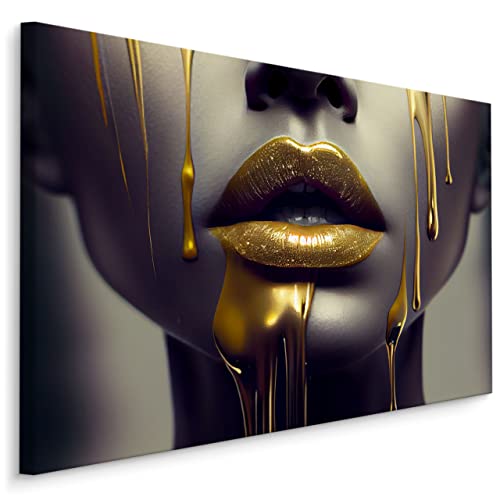 Muralo Leinwandbilder Canvas Goldene Mund Lippen Frau Gesicht ABSTRAKTION 3D Effekt Moderne Muster Wanddeko Design XXL für Wohnzimmer Esszimmer Schlafzimmer Br. 120cm x Hö. 80cm von Muralo