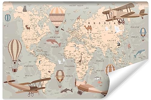 Muralo - Selbstklebende Tapete für Kinderzimmer 3D Fototapete Kinderzimmer - Fototapete mit 3d Effekt selbstklebend für Mädchen Jugend - Weltkarte Erdkarte mit Ballons - Br. 405cm x Hö. 270cm von Muralo