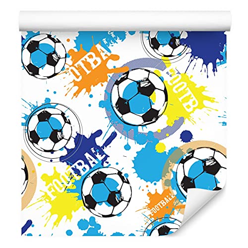 Muralo Vlies Tapete 10m Tapeten Rollen Kinder bunter FUßBALL Sport Aufschriften Vliestapete 1000 x 53cm Wand Tapete Kinderzimmer Kinderstube Moderne Wanddeko Wand Dekoration von Muralo