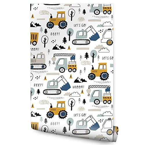 Muralo Vlies Tapete für Jungen Lastkraftwagen Bagger Kräne Traktor Transport Bäume Wolken Berge Himmel Skandinavischer Stil Wand Tapete 1000 x 53cm Kinderzimmer Spielzimmer Moderne Wanddeko von Muralo