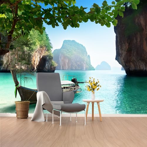 Wandbilder, Langschwanzboot in türkisfarbener Lagune, selbstklebender Wandstoff (kein PVC), entfernbar, große Fototapete für Wohnzimmer, Schlafzimmer, Büro, benutzerdefinierte Größe von Murasolite