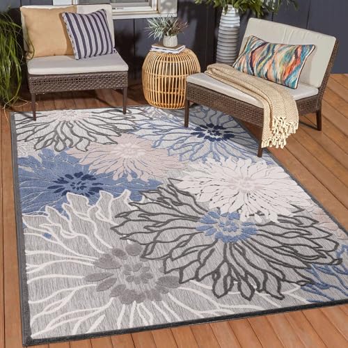 Muratap Outdoor Teppich Wetterfest - Floral - Boho Design Modern UV-beständig Teppich für Außen Garten Balkon Terrasse Badezimmer Dekoration - Große: 60x110 cm - Farbe : Grau/Blau von Muratap