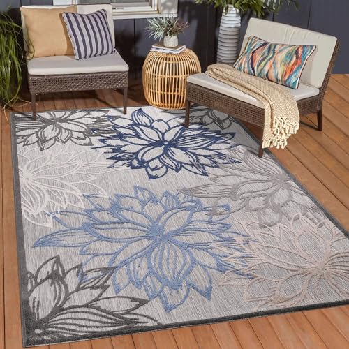 Muratap Outdoor Teppich Wetterfest - Floral - Boho Design Modern UV-beständig Teppich für Außen Garten Balkon Terrasse Badezimmer Dekoration - Große: 200x290 cm - Farbe : Grau/Blau 2 von Muratap