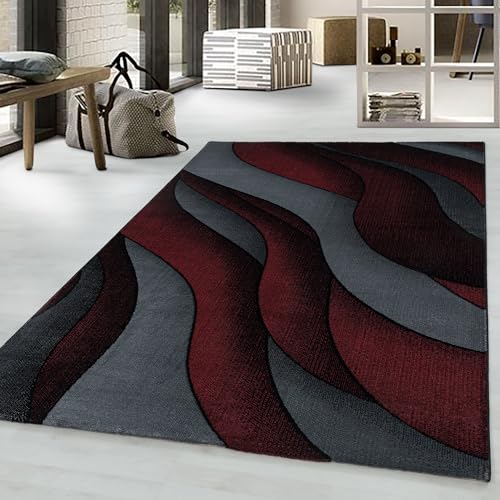 Muratap Flow Design Teppich - Kurzflor Teppich 3D Optik Schattenmuster Superstarker Atmosphärischer moderner Bunter Design-Teppich - Größe: 80x150 cm - Farbe: Rot/Grau/Schwarz von Muratap