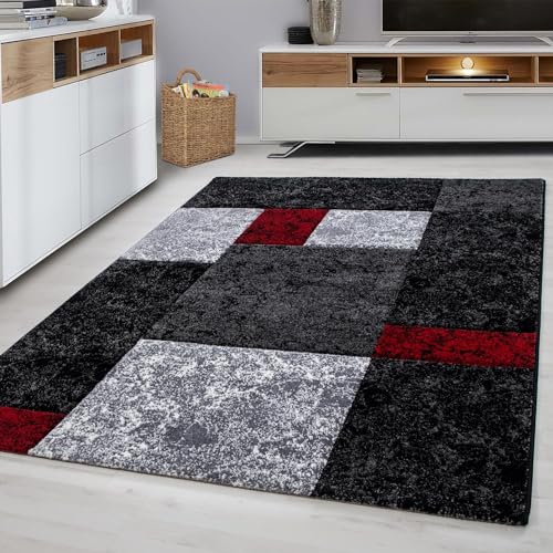 Muratap Hawaii Teppich - Warmer Kurzflor Teppich Atmosphärisch Wohnzimmer Deko Blöcke Karo Design für Fußbodenheizung geeignet - 120x170 cm - Farbe: Schwarz/Rot von Muratap