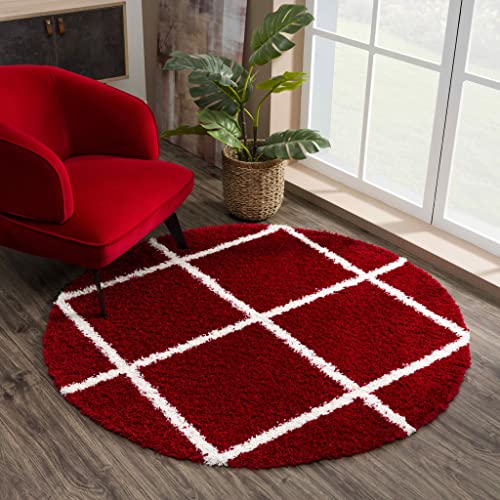 Muratap Hochflor Teppich Rautenmuster - Madrid Shaggy - Langflor Teppich Shaggy Skandi Design Modern Raute Meliert Skandinavisch Weich - 120 cm - Rund - Farbe: Rot/Creme von Muratap