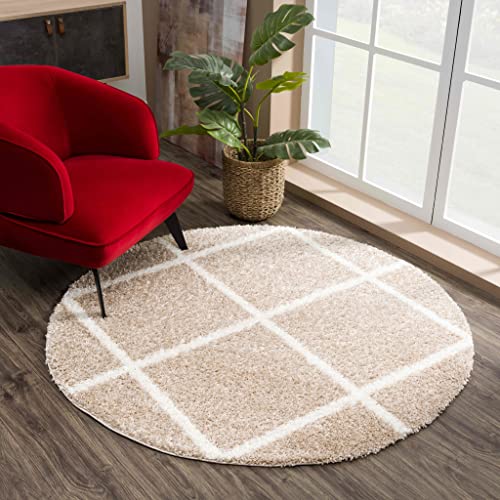 Muratap Hochflor Teppich Rautenmuster - Madrid Shaggy - Langflor Teppich Shaggy Skandi Design Modern Raute Meliert Skandinavisch Weich - 120 cm - Rund - Farbe: Beige/Creme von Muratap