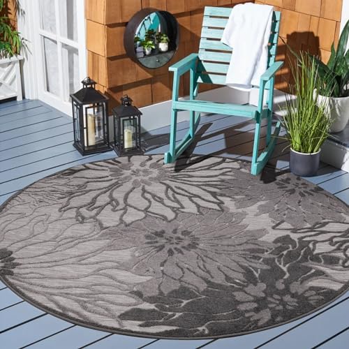 Muratap Outdoor Teppich Wetterfest - Floral - Boho Design Modern UV-beständig Teppich für Außen Garten Balkon Terrasse Badezimmer Dekoration - Große: 200 cm - Rund - Farbe: Grau 2 von Muratap