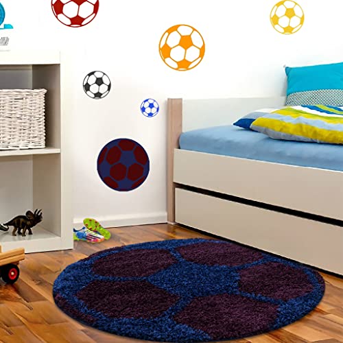 Muratap Teppich Fußball Blau Violett - Kinderteppich für Spielzimmer Kinderzimmer Jugendzimmer Jungen, Mädchen Sport Dekoration - Große: 120 cm - Rund von Muratap