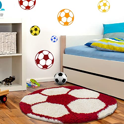 Muratap Teppich Kinderzimmer Kinderteppich Spielteppich Fußball - Spielzimmer Kinderzimmer Jugendzimmer Jungen, Mädchen Sport Dekoration - Große: 100 cm - Rund - Farbe: Rot Weiß von Muratap