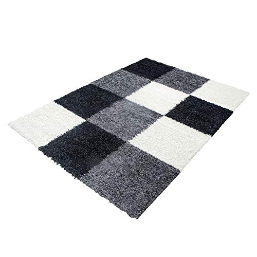 Muratap Teppich Geometrisch Karo Design - Basic Shaggy Blöcke - Hochflor Teppich Kariert Vierecke Muster Abstraktes Design - Florhöhe: 30MM - Große: 120x170 cm - Farbe: Schwarz/Weiß von Muratap