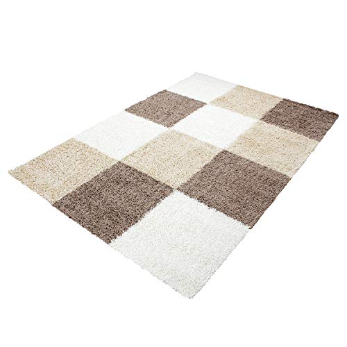 Muratap Teppich Geometrisch Karo Design - Basic Shaggy Blöcke - Hochflor Teppich Kariert Vierecke Muster Abstraktes Design - Florhöhe: 30MM - Große: 160x230 cm - Farbe: Braun Beige von Muratap