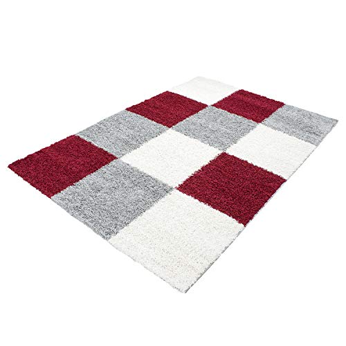 Muratap Teppich Geometrisch Karo Design - Basic Shaggy Blöcke - Hochflor Teppich Kariert Vierecke Muster Abstraktes Design - Florhöhe: 30MM - Große: 160x230 cm - Farbe: Rot/Grau von Muratap