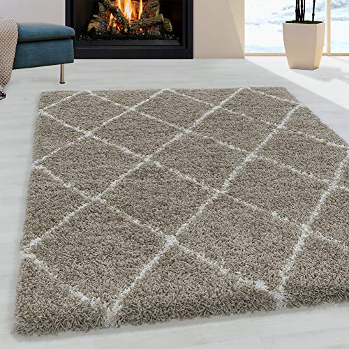 Muratap Teppich Wohnzimmer Skandinavisch - Harmony Soft Shaggy - Hochflor Teppich Rautenmuster Schmutzabweisend und Pflegeleicht Wohnzimmerteppich - Große: 120x170 cm - Farbe: Beige von Muratap