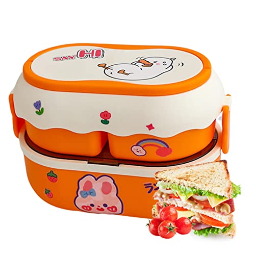 Murezima Kawaii Bento Box für Kinder Erwachsene, große Lunchbox mit Trennwand, auslaufsicherer Doppelschicht-Lunchbehälter, stapelbarer Frischhaltebehälter, Entenmuster (Orange) von Murezima