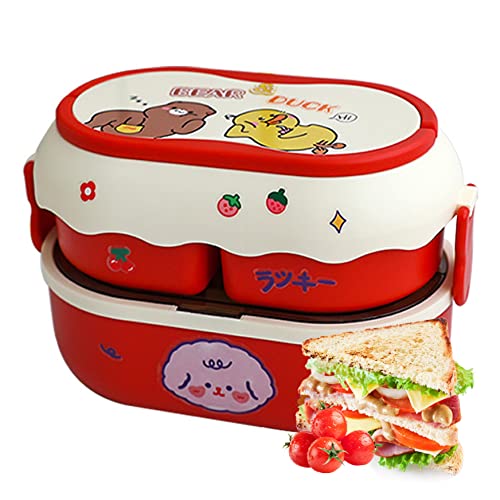 Murezima Kawaii Bento Box für Kinder und Erwachsene, große Lunchbox mit Trennwand, doppellagiger, auslaufsicherer Lunchbehälter, stapelbarer Vorratsbehälter, Entenmuster (rot) von Murezima