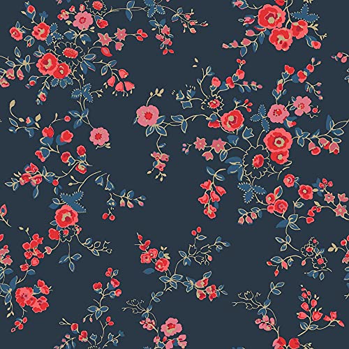Cath Kidston Millfield Blossom Tapete Marineblau/Pink 182521 - Silber-Metallic-Highlights von Muriva