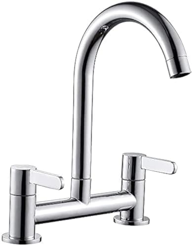 Küchenarmatur, gebürstete Küchenarmatur, verchromt, Doppelhebel, 1/4-Drehung, Hebelsteuerung, 360° schwenkbarer Auslauf, 2-Loch-Brücke, Wasserhahn für kalte und heiße Mischbatterie (Silber) von Muross