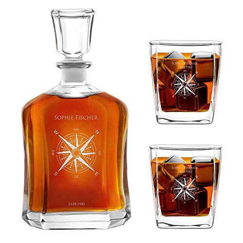 Maverton Whiskey Karaffe + 2/4 / 6er Whiskygläser Set mit Gravur - 700ml Whisky Dekanter - Geschenk zum Geburtstag für Damen - Kompass von Maverton