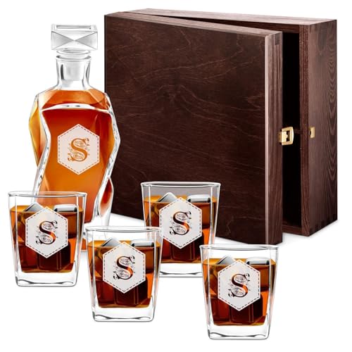 Maverton Whiskey Karaffe + 4 / 6er Whiskygläser Set mit Gravur - 700ml Whisky Dekanter - Weihnachtsgeschenke - Geschenk zum Geburtstag für Männer - Buchstabe von Maverton