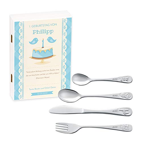 Maverton Kinderbesteck Set mit Gravur + Holzbox mit Aufdruck - mit Tieren - aus Edelstahl - Weiß - Geschenk für Jungen zum Geburtstag zur Taufe Geburt - Geburtstagstorte von Maverton