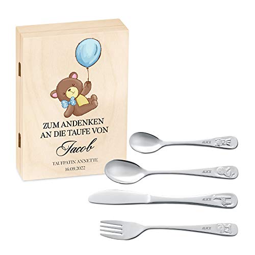 Maverton Kinderbesteck Set mit Gravur + Holzbox mit Aufdruck - mit Tieren - aus Edelstahl - Braun - Geschenk für Jungen zum Geburtstag zur Taufe Geburt - Teddybär von Maverton