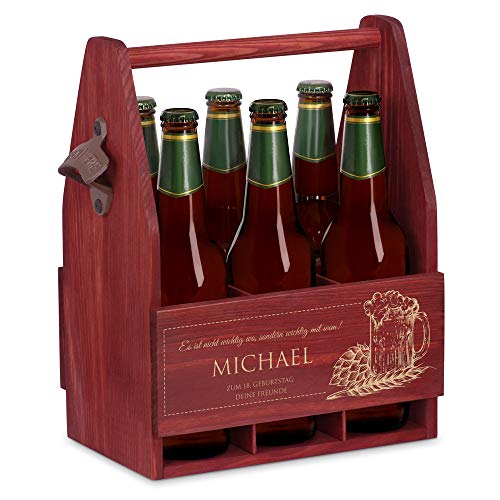 Maverton Bierträger für 6 Flaschen 0,5L + Gravur - Männerhandtasche mit Flaschenöffner - Größe: 25x17x32cm - aus Holz - Geburtstagsgeschenk für Männer (Wichtig mit WEM) von Maverton