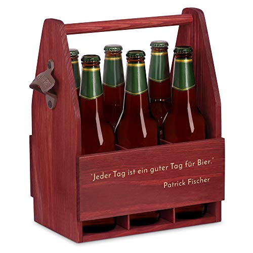 Maverton Bierträger für 6 Flaschen 0,5L + Gravur - Männerhandtasche mit Flaschenöffner - Größe: 25x17x32cm - aus Holz - Geburtstagsgeschenk für Männer (Zitat) von Maverton